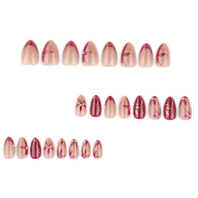 Short Almond Press on Nails, Red Cat Eye Press on Nails, Red Flower Fake Nails Press ons with Leaf & Pearl Designs, Glossy Nude Glue on Nails for Women, Glossy Finish | 12 Sizes - 24 Pcs