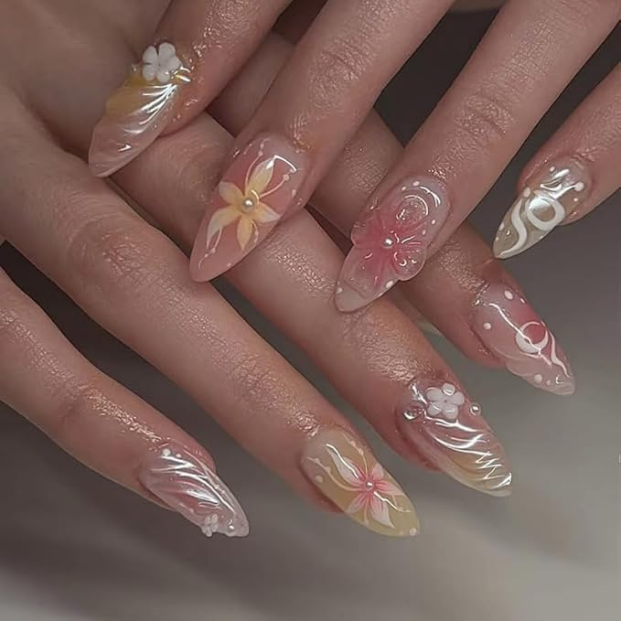 evpct 3D Nude Pink Handmade Press On Nails Almond Short, 3D Flower Shell Design Fake Nails Rusable for Spring & Summer Daily Wear, False Acrylic Nail with Kits Press ons Nail for Women Gift, 30Pcs