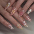 evpct 3D Nude Pink Handmade Press On Nails Almond Short, 3D Flower Shell Design Fake Nails Rusable for Spring & Summer Daily Wear, False Acrylic Nail with Kits Press ons Nail for Women Gift, 30Pcs
