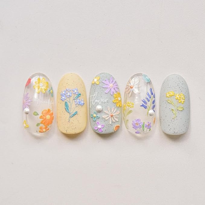 Flower Nail Stickers Colorful Plant Nail Decals Floral Nail Decals with Design 5D Embossed Self Adhesive Spring Summer Nail Charms for Women Girls Kid Manicure Supply Decoration Accessories