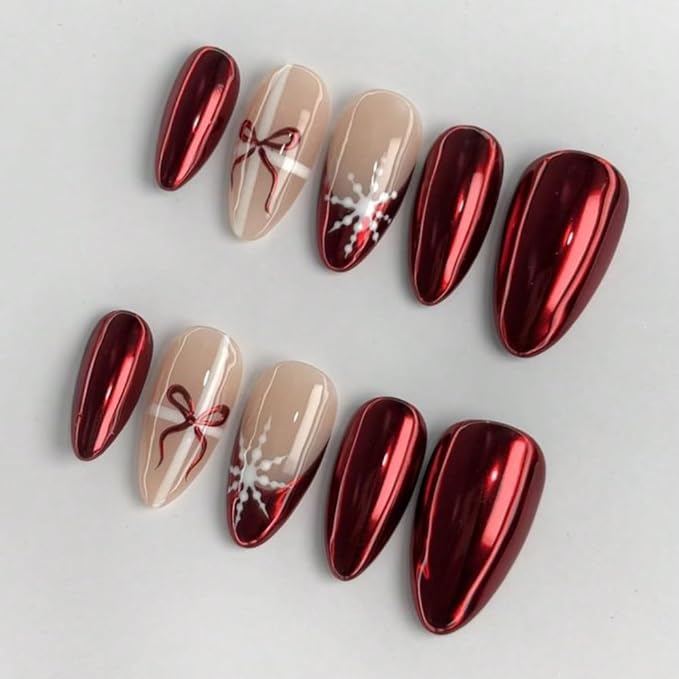 Press On Nails - Handmade Medium Length Almond False Nails, Valentine's Day 10Pcs Red Cute 3D Painting Bows Art Desigen, Reusable Winter press ons (Size M)