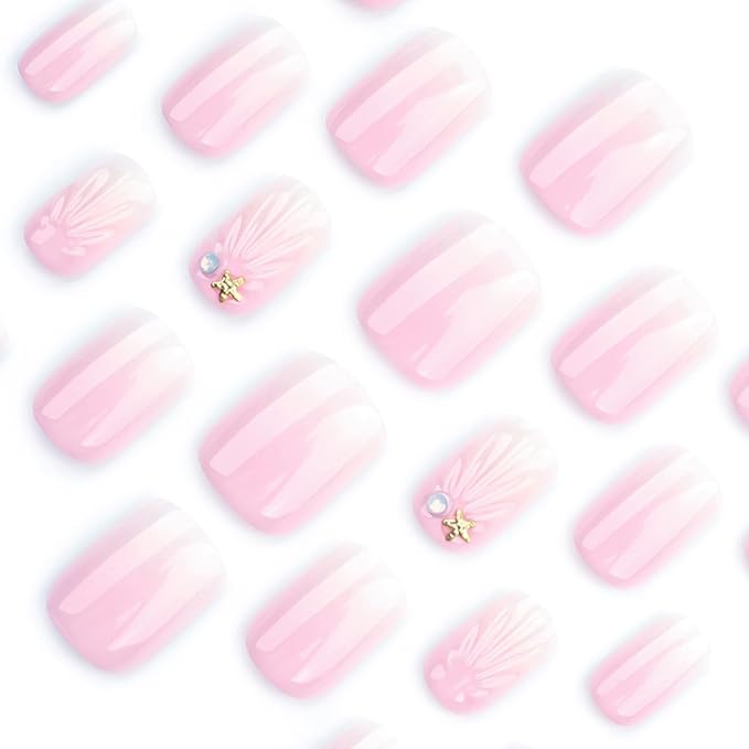 24pcs French Press on Nails Short Square Pink White Gradient With Charms Designs Glossy Glue on Cute False Full Cover Artificial for Women Girl Decoration