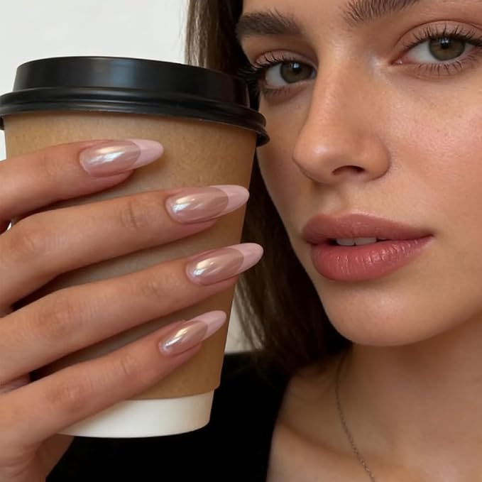 French Tip Press on Nails - Pink Fake Nails Press ons - Almond Chrome False Nails - Medium Glue on Nails - Cute Acrylic Stick on Nail for Women Nail Manicure 24Pcs