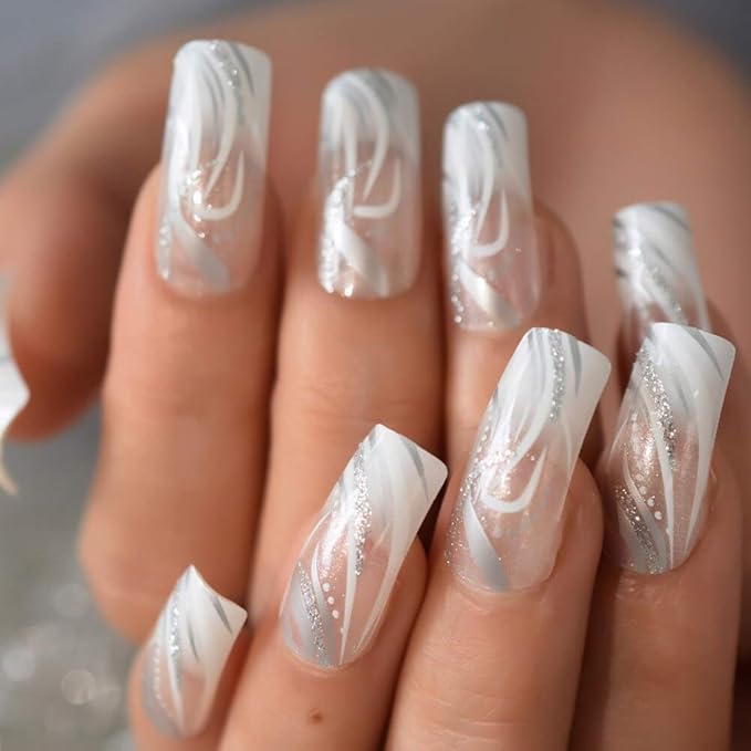 Square Fake Nails Long Length Predesigned False Nails (Clear white)