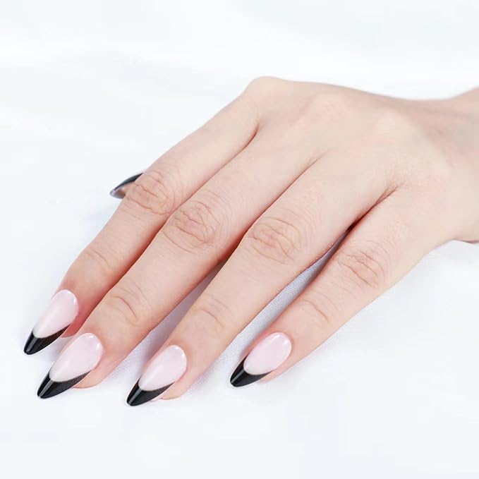 Rnker French Tip U Shape Press On Nails - Black, Almond Top gel Nails with Bright Finish, 15 Sizes - 30 Nail Kit with Glue