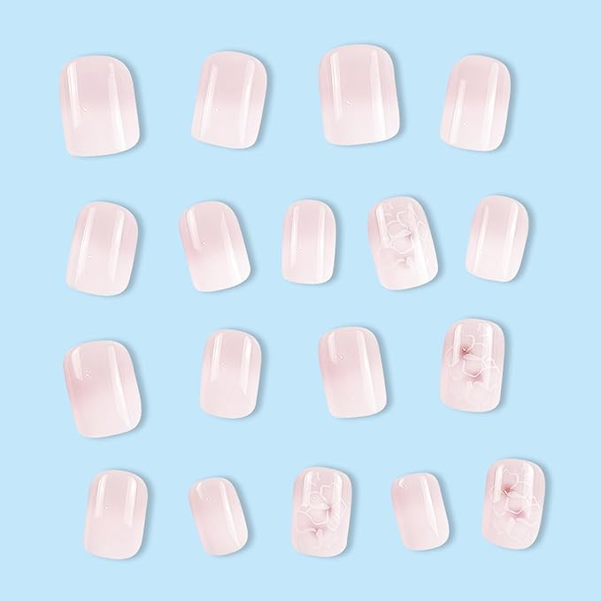 Flower Press on Nails Short Oval Fake Nails Ombre False Nails with Cute Design Glossy Glue on Nails Gradient Stick on Nail Full Cover Acrylic Artificial Nail for Women Manicure 24Pcs