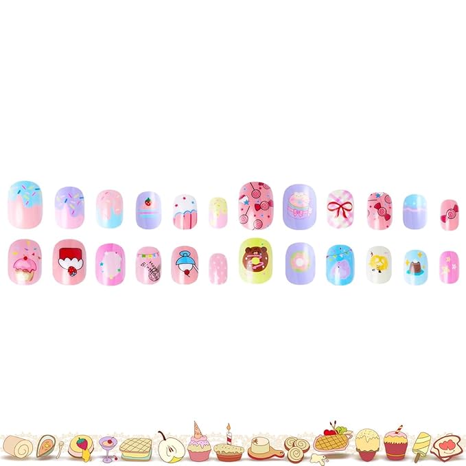 120Pcs 10 Packs Cute Short Press on Nails for Girls 5 Styles 12 Sizes Press on Nails for Kids Press ons with Desserts Candy Bow Designs Full Cover Acrylic Nails for Little Girl Gift DIY