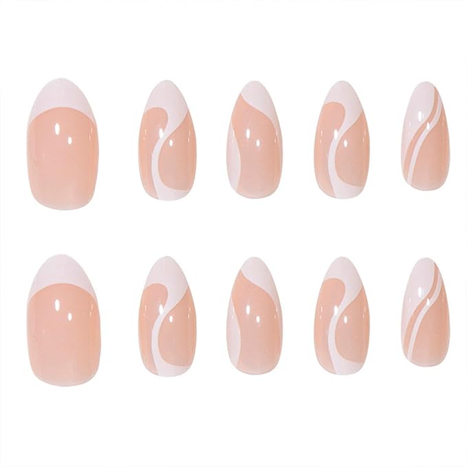 White French Tip Press on Nails Medium Almond Fake Nails Nude False Nails Press ons with Swirl Wave Line Designs Glossy Full Cover Glue on Nails Acrylic Stick on Nail for Women Manicure 24Pcs