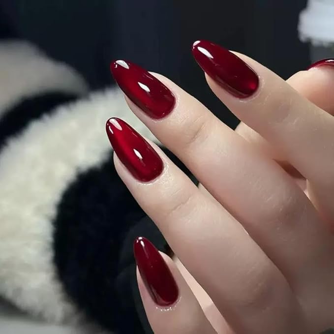 6 Packs (144 Pcs) Press on Nails Medium Almond Fake Nails Solid Color False Nails with Designs Cat Eye Glue on Nails Full Cover Glossy Shiny Glitter Acrylic Stick on Nail for Women Manicure
