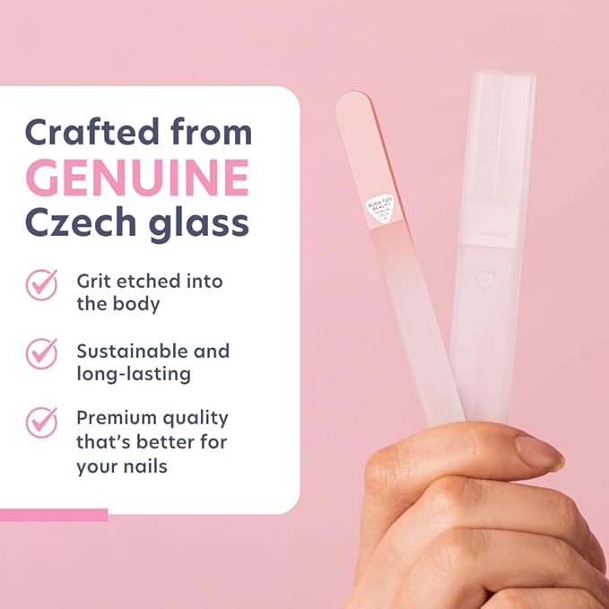 Bona Fide Beauty Czech Glass Nail File for Natural Nails (Peach) - Fine Grit (180/240) Crystal Fingernail File with Clear Case. Travel Friendly Nail Care