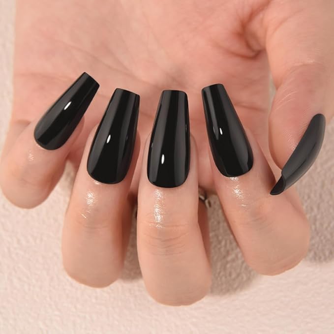 evpct Black Glossy Coffin Press on Nails Medium Square, Glossy Black Fake Nails False Nail Pure Color with Kit, Salon Quality Soft Gel Stick on Acrylic False Soft Nails Reusable Full Cover for Women