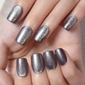evpct Glitter Pearl Silver Cat Eye Press on Nails Square, Short Square Stick on Nails for Women Gift, Glitter Metallic Shimmer Silver Reusable Gel Press on Acrylic Fake Nail with Designs