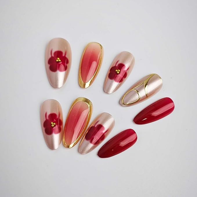 Burgundy and Gold Press on Nails Almond Fake Nails Fall False Nail Press ons with Red Flower,Gold Metallic Design Reusable Artificial Nail Glossy Full Cover Stick on Nails for Women Manicure 24 Pcs