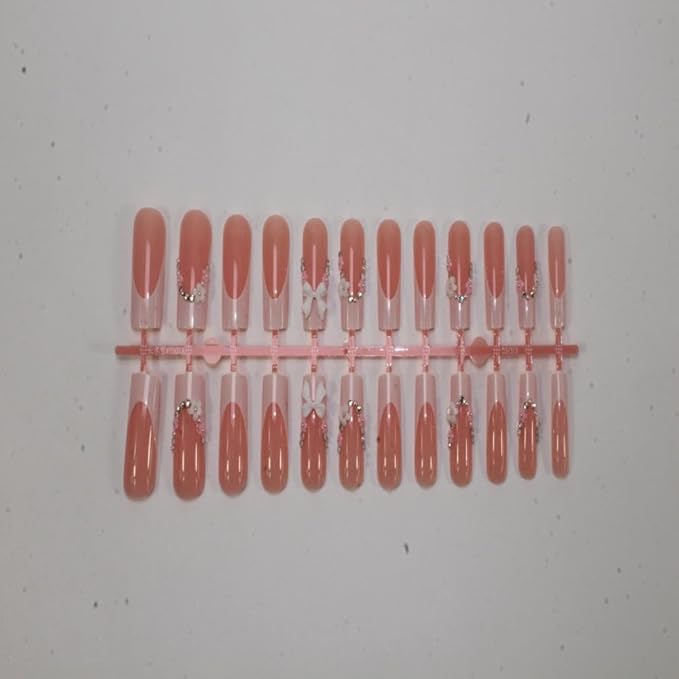White French Tips Press on Nails - Long Square Fake Nails - Bow Charm Design - 3D Flower Rhinestone Stick on Nail Nude Pink Glue on Nails Glossy Summer False Nail for Women Manicure 24Pcs