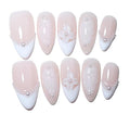 10 Medium Almond Handmade Press On Nails | Light Nude Pink French White Tip Fake Nails with Pearl, 3D Floral & Soft Swirl Accents | Skip Salon Trips, Easy to Apply & Remove, Reusable (251217, XS)