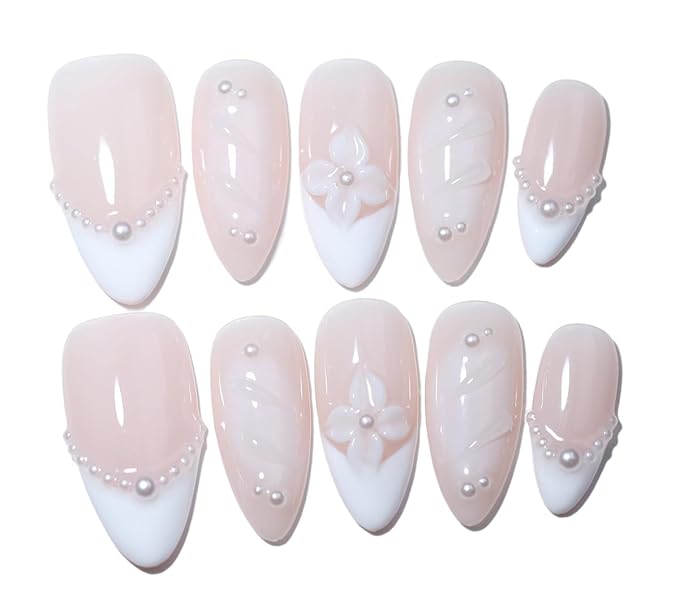 10 Medium Almond Handmade Press On Nails | Light Nude Pink French White Tip Fake Nails with Pearl, 3D Floral & Soft Swirl Accents | Skip Salon Trips, Easy to Apply & Remove, Reusable (251217, XS)