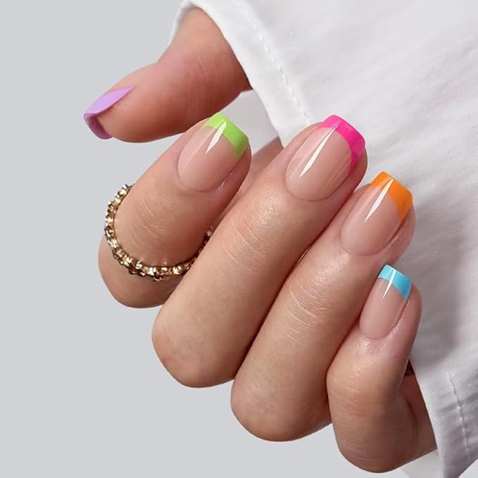 French Tip Press on Nails Short Square Fake Nails Colorful Nail Tips Glossy Cute Acrylic False Nails Reusable Artificial Nail Full Cover Stick on Nails for Women Manicure 24 Pcs