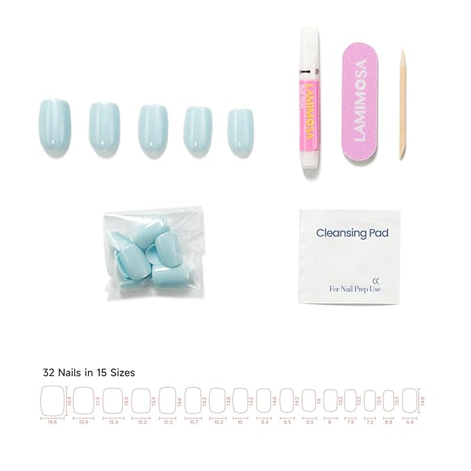 LAMIMOSA 32Pcs Light Blue Cat Eye Press On Nails Short Square, Soft Gel Baby Blue Fake Nails in 16 Sizes, Reusable Glue on Nail kit, AQUAMARINE QUARTZ