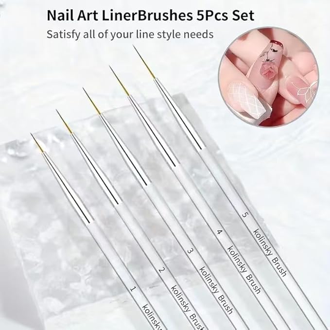 5Pcs Kolinsky Nail Art Liner Brushes Set, Precision Striping Brushes for Long Lines & Intricate Details, Sizes 7/9/13/18/25mm Fine Liner Pens for Gel Polish & DIY Nail Design