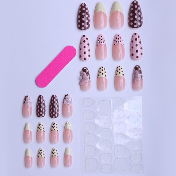Polka Dot Press on Nails Flower Fake Nails Medium Almond False Nails Press ons Brown Pink Glue on Nails Acrylic Artificial Cute Stick on Nail for Women Nail Manicure 24Pcs