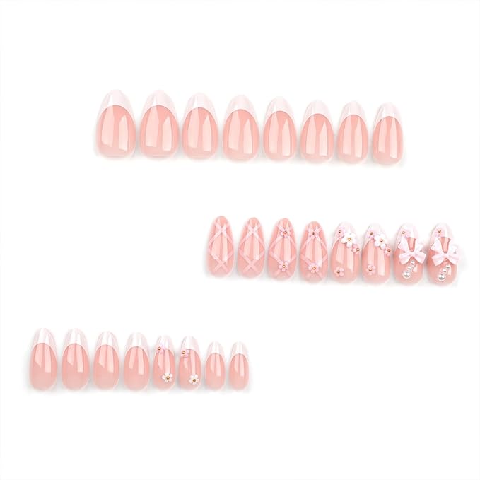Bow Press on Nails - Almond Fake Nails Press ons - Flower Pink False Nails with Designs 3D - Acrylic French Tip Glue on Nails - for Women Stick on Nails 24Pcs