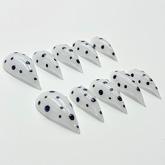 10 Pcs Thick Press on Nails White Stiletto Handmade Fake Nails with Polka Dot Design Medium Curved Eagle Claw False Nails Luxury Muti-Layer Gel Nail Halloween Cat Claw Stick on Nail for Women (S)