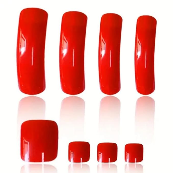 48Pcs Red Press on Nails Long Curved Fake Nails with Designs Glossy Solid Red Press on Toenails Short Square Fake Toenails Reusable Full Cover Summer Beach False Toenails for Women Girls Manicure