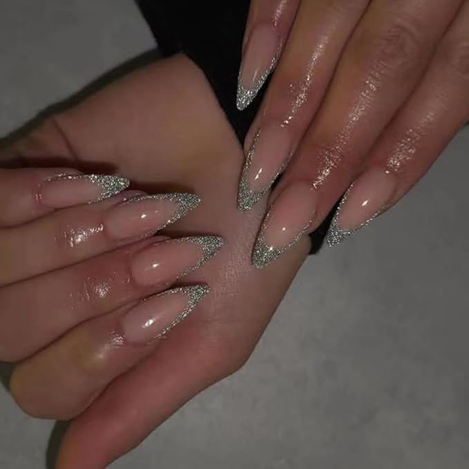 Silver French Tips Fake Nails Long Almond Press on Nails with Sparkly Design, Glossy Glitter False Nails Gel Glue on Nails, Shine French Manicure Art Acrylic Nails Stick on Nails for Women Girls 24Pcs