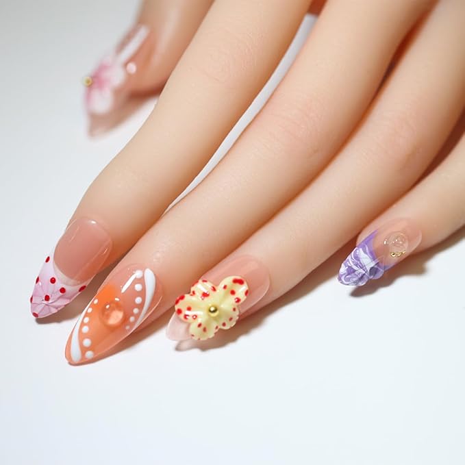 10 Pcs Handmade Reusable Almond press on nails | Misty Floral Cluster with Pink-Orange-Purple 3D Embossed Polka Dots & Pearls, For Women & Girls, Daily & Party Wear (A19, M)