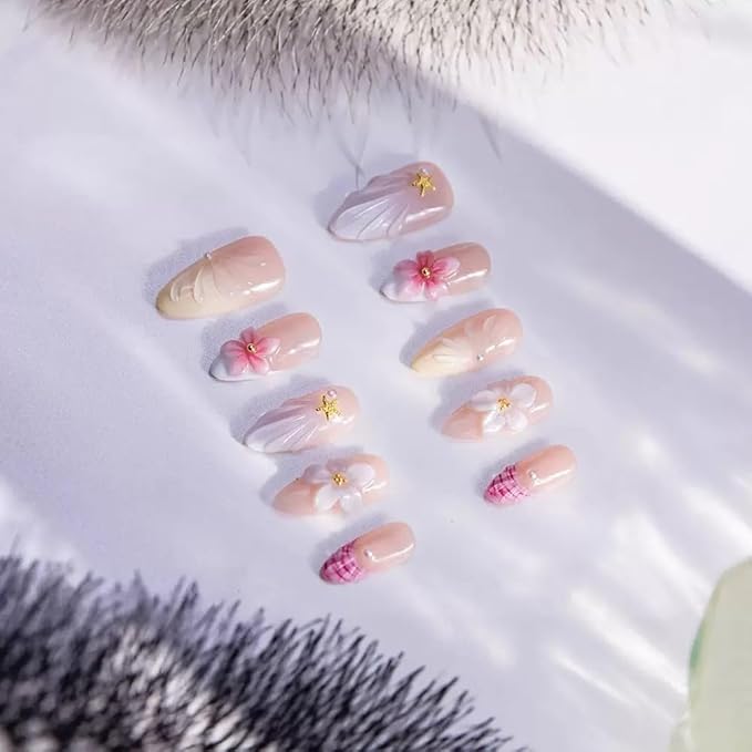10Pcs Medium Almond Handmade Press On Nails | Nude Pink & Yellow Ombre with Seashell, Starfish, 3D Floral & Pearl Decor | Reusable Salon-Quality Fake Nails for Women and Girls (25901, M)