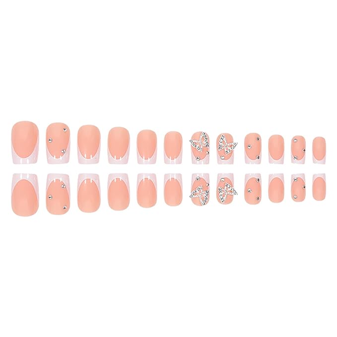 Press on Nails Extra Short Square MABKJLF French Tip Fake Nails Nude Full Cover Glue on Nails Rhinestones False Nails Butterfly Charm Acrylic Nails Stick on Nails Artificial Nails for Women Girls