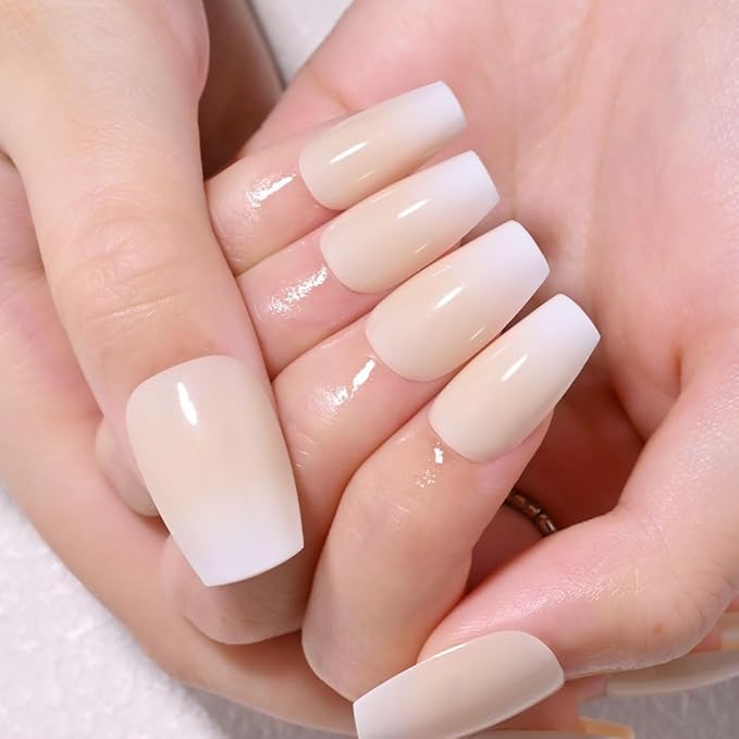 Khaki White Ombre Glossy Press on Nails Coffin Acrylic Fake Nails Stylish Design, Natural Reusable Nails Kit for Women DIY False Nail Art Decoration Gift, Salon Quality Reusable 15/30 Pcs