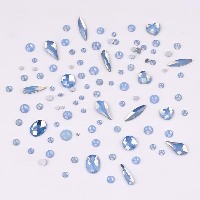 60pcs 6 Different Shapes Flatback Blue Opal Nail Rhinestones 480pcs Round 3D Diamond Gems Bulk Pack for Nail Design Jewels Decoration