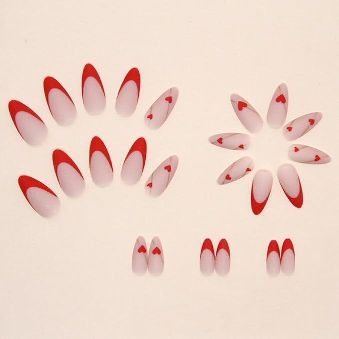 Press on Almond Nails - Red French Tip Fake Nails with Gold Line Design - Heart, Medium False Nails Stick on - for Women 24 Pcs