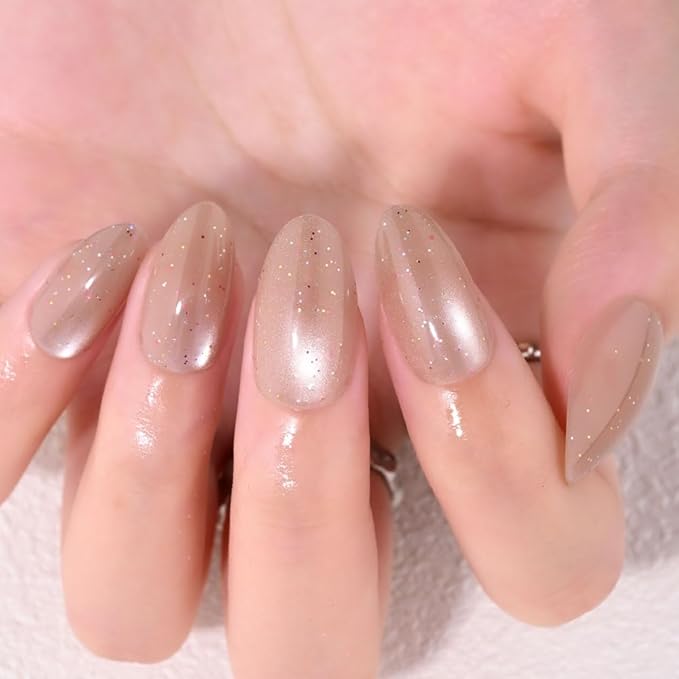 Light Brown Press On Nails Short Oval Cute Shimmer Acrylic Fake Nails, Jelly Glossy Full Cover Glue on Nail For Reusable Fall Artificial Stick on Nails for Salon Quality Nail Women 24 Pcs