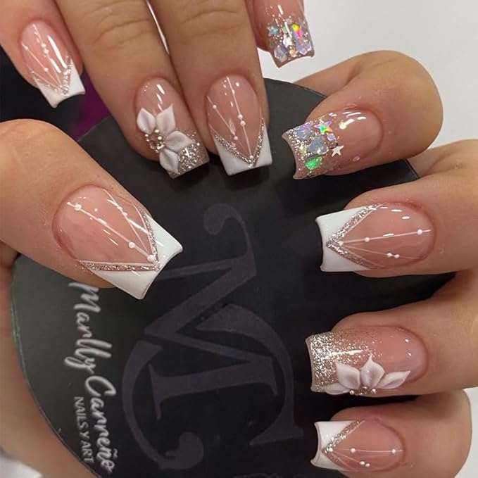 White French Tip Press on Nails Square Fake Nails Medium Length Nails Press ons with Glitter Design Reusable Artificial Nail Full Cover Glue on Nail Stick on Nails for Women Manicure 24Pcs