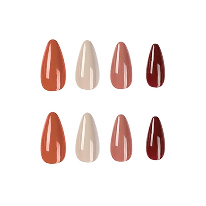 Press On Nails - Autumn Leaf | Assorted Red Design Nails, Medium Almond Nails with Design for Women and Girls, 24 Pcs Reusable Red Fake Nails