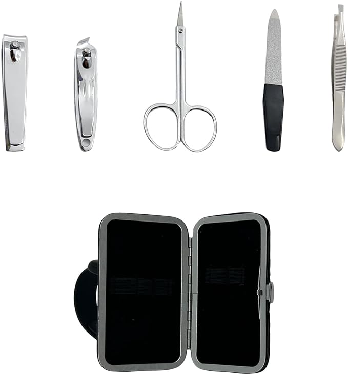 Earth & I 6 Piece Manicure Pedicure Kit, Professional Nail Care and Grooming Tools with Fingernail and Toenail Clippers, Mens Self Care, Travel Mens Toilettries in Hard Leatherette case