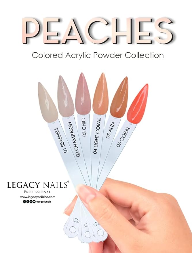 Legacy Nails Acrylic Powder Collection - PEACHES COLLECTION - 6 Colors Inspired by Wings - Professional DIY Nail Art Set for Dip & Acrylic Extensions