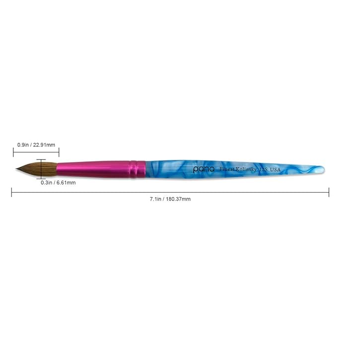 PANA USA Acrylic Nail Brush Pure Kolinsky Hair Acrylic White Swirl Blue Handle with Pink Ferrule Round Shaped - Size 12