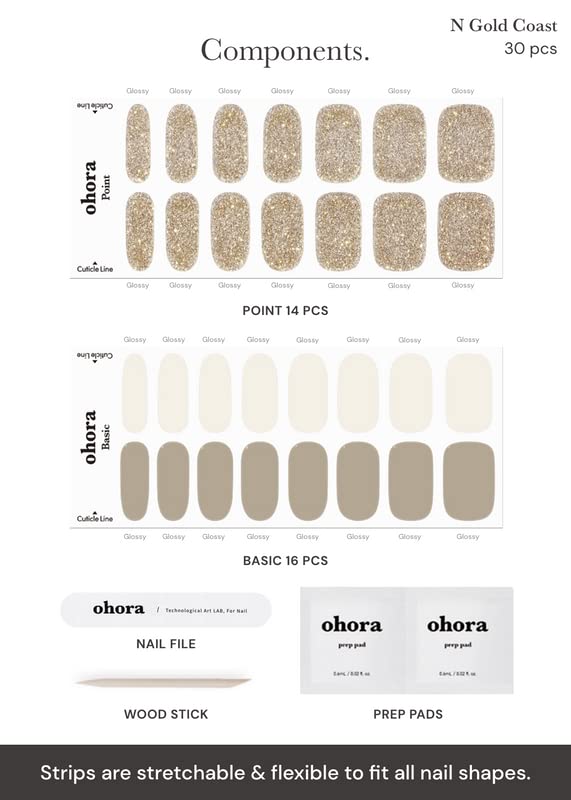 ohora Semi Cured Gel Nail Strips (N Gold Coast) - Brown, Glitter, Works with Any UV/LED Lamps, Salon-Quality, Long Lasting, Easy to Apply & Remove - Includes 2 Prep Pads, Nail File & Wooden Stick