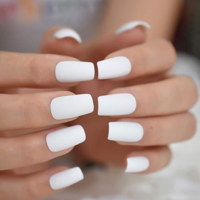 Fake Nails Medium Size Square Squoval Shape Predesigned Press on Nail (Matte White)
