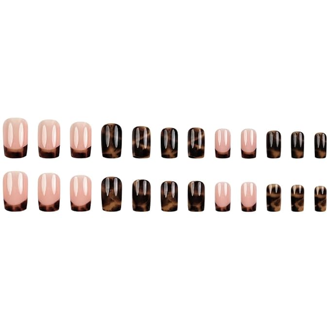 Brown Press on Nails Square Medium Fake Nails Leopard French Tip False Nails Gradient Glue on Nail Reusable Fall Acrylic Nails Full Cover Stick on Nail for Women Manicure 24Pcs