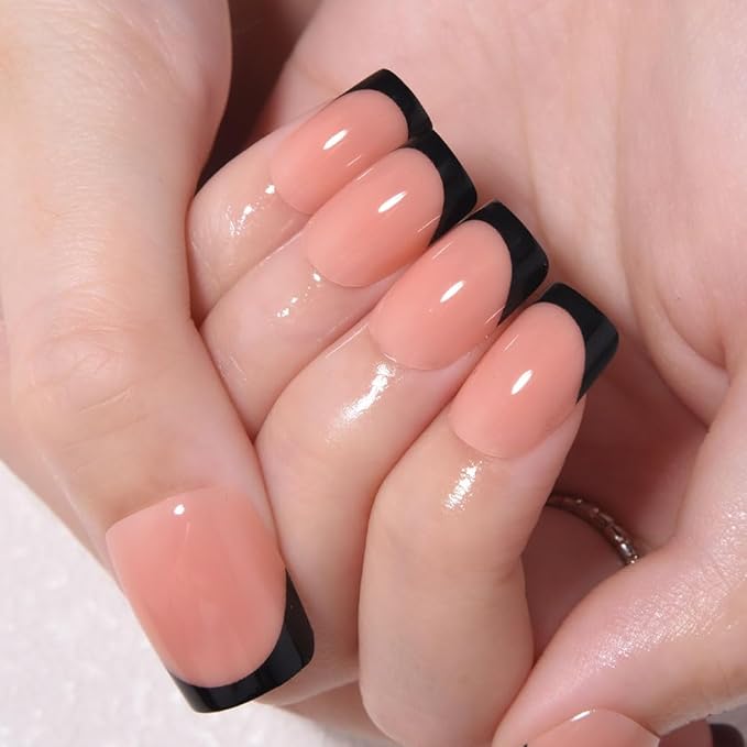 Nude+Black French Tips Press on Nails, Short Square Acrylic Fake Nails Design, Natural Reusable Glue-On Nails Kit for Women DIY False Nail Art Decoration Gift, Salon Quality Reusable 32 Pcs