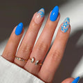 Valentine Blue Short Almond French Press on Nails Flower Pattern Fake Nails DIY for Women and Girls Daily and Party Use Can Glue on Nails Blue Full Cover Acrylic Stick on Nails 24 Pcs Kit