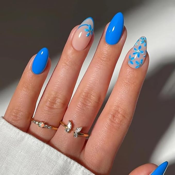 Valentine Blue Short Almond French Press on Nails Flower Pattern Fake Nails DIY for Women and Girls Daily and Party Use Can Glue on Nails Blue Full Cover Acrylic Stick on Nails 24 Pcs Kit