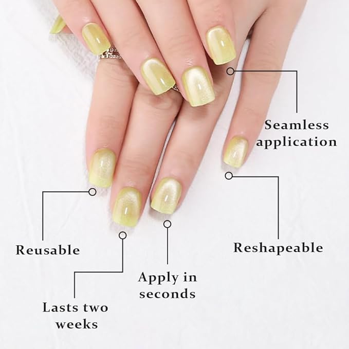 evpct Light Green Cat Eye Extra Short Press on Nails Square, Petite Short Square Stick on Nails for Women Gift, Avocado Metallic Glitter Glossy Reusable Gel Press on Acrylic Fake Nail with Designs