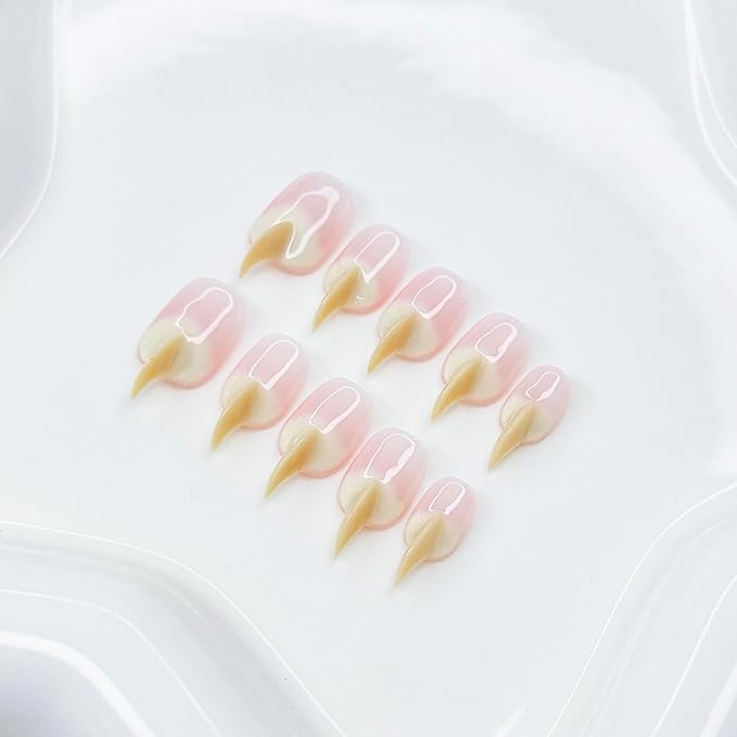 10 Pcs Handmade Press on Nails Medium Curved Stiletto Cat Claw Nails Press Ons Beige Nail Tips Design Thick Cat Claw Fake Nails Reusable Glossy Acrylic Stick on Nail (S)