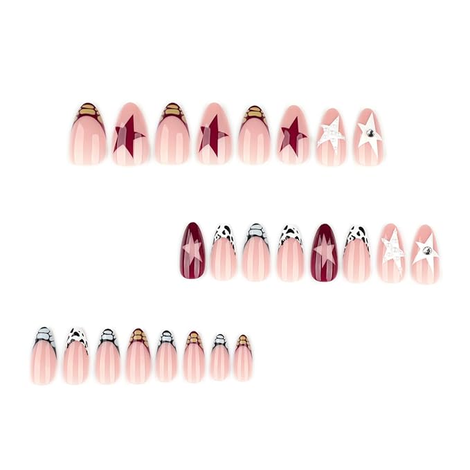 Crocodile Print French Tip Press on Nails - Star False Nails Short Almond Fake Nails Press ons with Pearl Design, Full Cover Pentagram Glue on Nails for Women Y2K Manicure 24Pcs