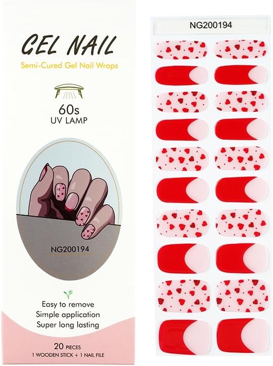 Semi Cured Gel Nail Strips Valentines Day Red Heart Gel Nail Wraps Gift for Women UV Light Required Nail Art Stickers Pegatinas Uñas Nail Decals Nails Sticker